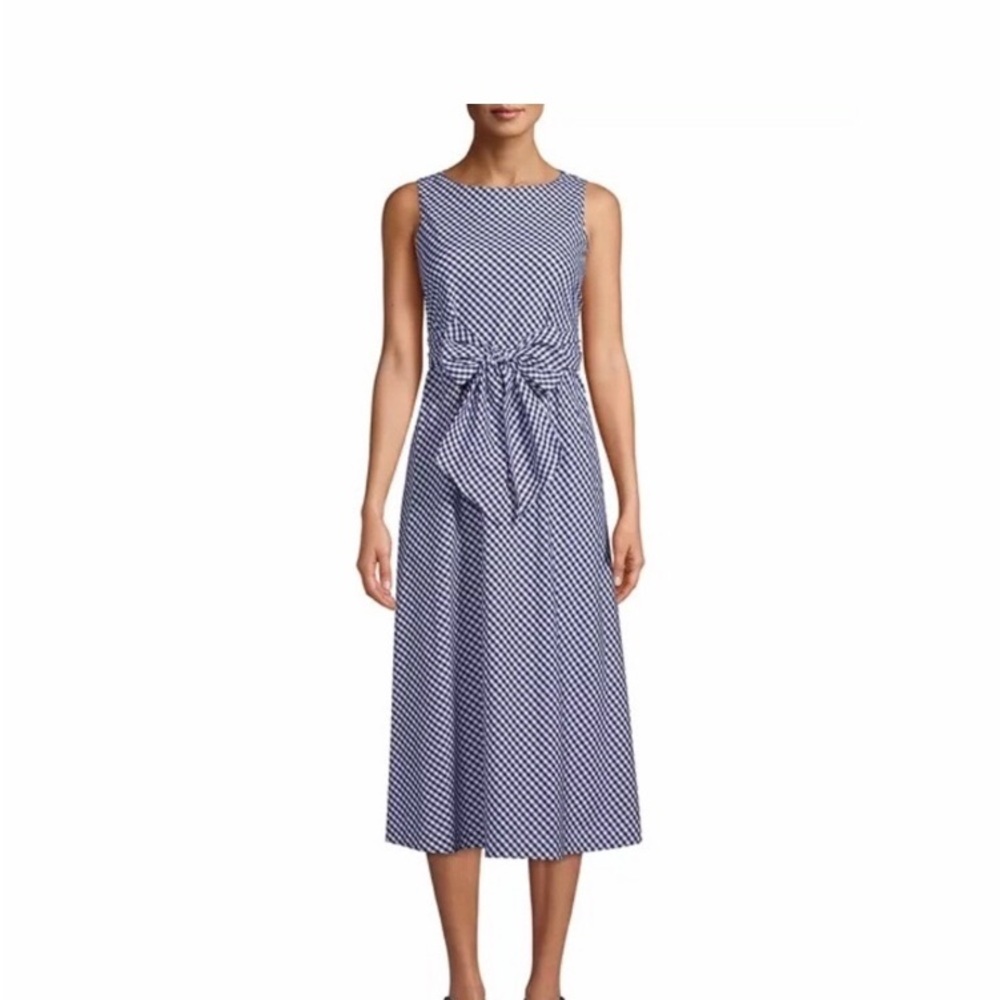 New Anne Klein Midi Sun Dress Classic Navy Blue White Check Bow Tie Waist Slee…